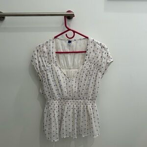 Old Navy Women’s Medium White and Blue Geo Print Smock Waist Blouse